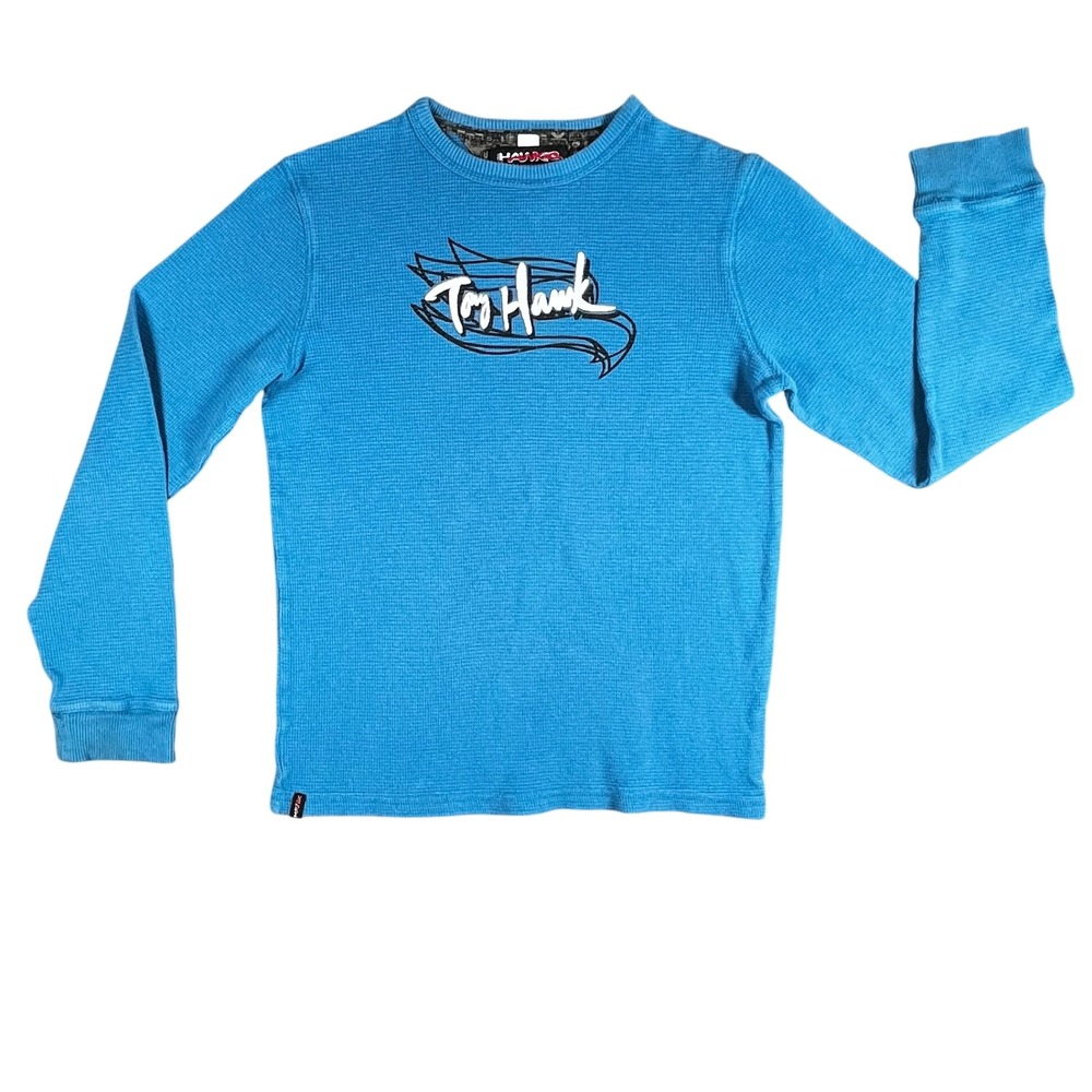 Tony Hawk Boys Thermal Long Sleeve Shirt Size 14/16 Blue Waffle Knit‎ Logo Top